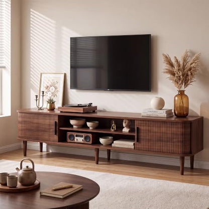 70" TV Stand with Rolling Doors and Storage, Mid-Century, Walnut