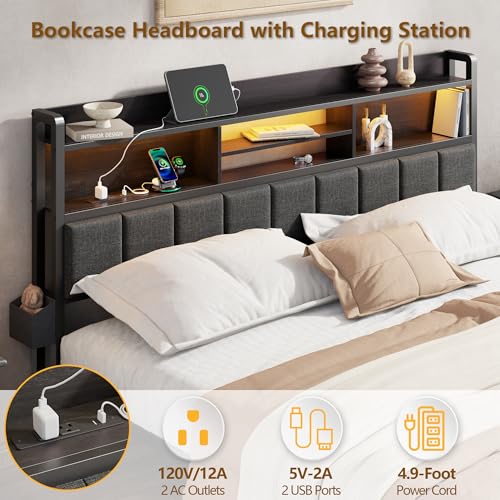 King Size Bed Frame with Headboard, Drawers, Charging Station, LED