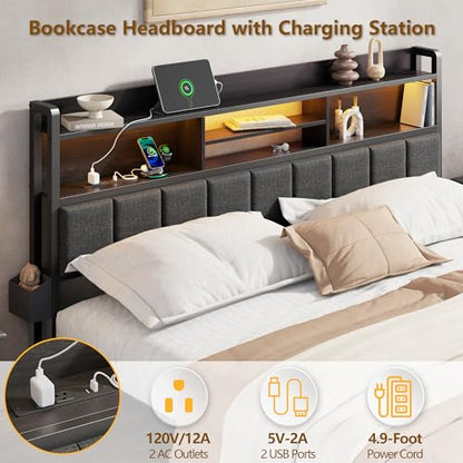 King Size Bed Frame with Headboard, Drawers, Charging Station, LED
