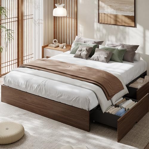 Wood Platform Bed Frame, King Bed Frame with 2 Drawers