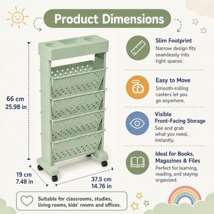 5-Tier Rolling Bookshelf Cart with Wheels, Green