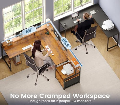 66" Reversible L Shaped Office Desk with Power Outlet, File Drawer