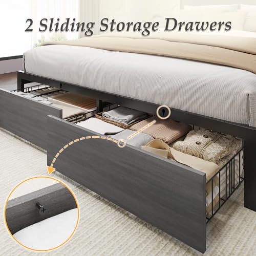 Full Bed Frame with Charging Station, LED Lights, 2 Drawers, Rustic Grey