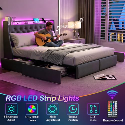 Upholstered Queen Size Bed Frame with 4 Storage Drawers and LED Lights