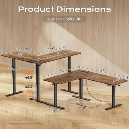 63 x 55 Inch L Shaped Standing Desk with Power Outlets