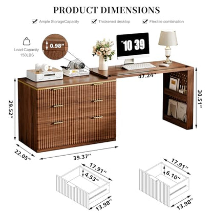 Computer Desk with 6 Drawers, 78" Modern Writing Desk with 0.98" Thickened Desktop & Storage Shelves, Adjustable direction & Extendable Executive Office Desk Study Table for Home Office, Walnut