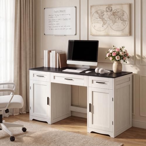 Farmhouse Executive Desk with Drawers, Wood Home Office Desk, Black