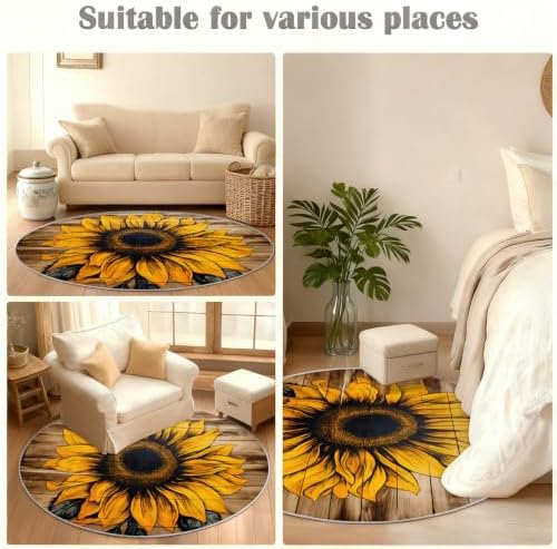 Sunflower Round Rug - 3ft Washable Sunflower Round Area Rug for Bathroom, Western Country Circle Rugs Soft Non-Slip Carpet for Kitchen Bedroom Kids Room Decor Mat