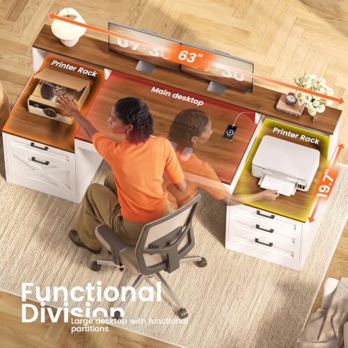 63" Farmhouse Office Desk with 5 Drawers, White and Brown