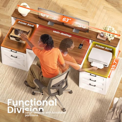 63" Farmhouse Office Desk with 5 Drawers, White and Brown