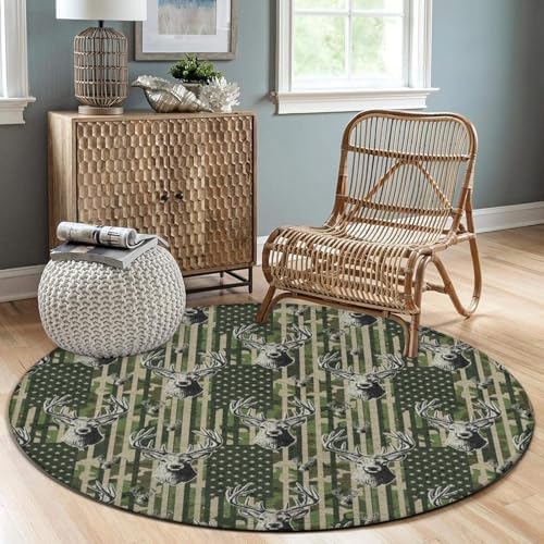 Men's Large Home Decor Mat, Soft Round Yoga Carpet, Non Slip Machine Washable Home Office Circle Rug American Flag Camouflage Hunting Deer Camo, 60inch