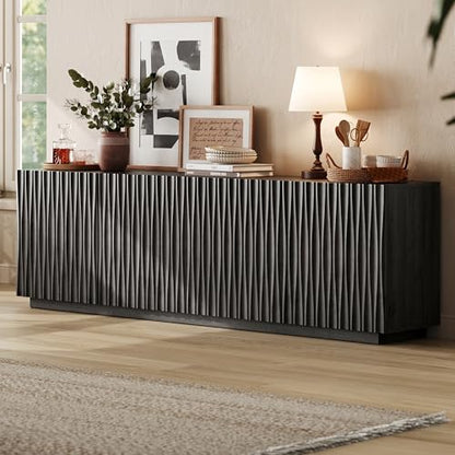 70" Fluted Mid Century Modern Sideboard Buffet Cabinet with Storage, Black