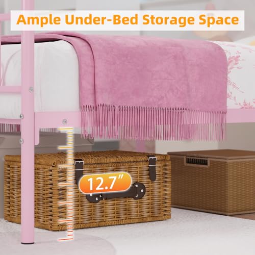 Twin Canopy Bed Frame with Headboard, Metal Twin Beds for Kids, Pink