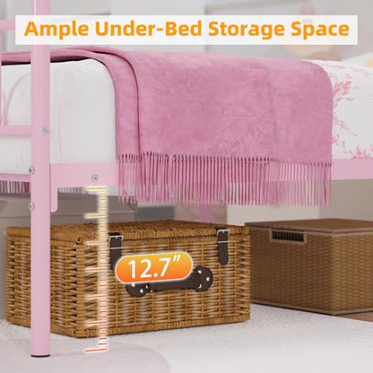 Twin Canopy Bed Frame with Headboard, Metal Twin Beds for Kids, Pink