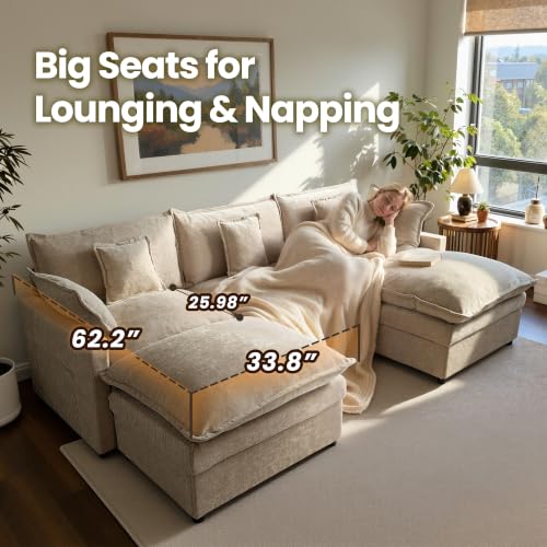 108'' U Shaped Cloud Couch, 3-Seater Sofa with 2 Ottoman, Oatmeal