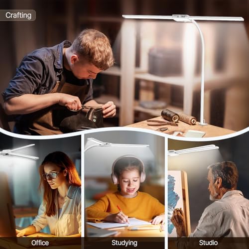 Syrinx LED Desk Lamp, Double Head Gooseneck Desk Lamps for Home Office with Gesture Switch & Wired Control, 12W Bright Modern Desk Light Eye-Caring Office Desk Lamp with Clamp for Crafting Reading