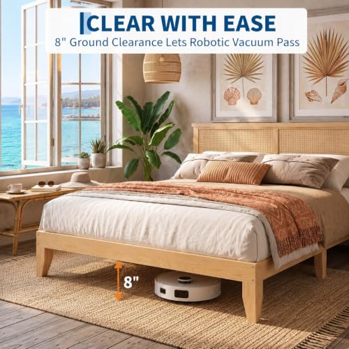 Full Size Wood Bed Frame with LED Light and Rattan Headboard