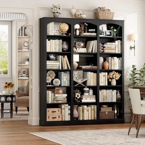 71" Triple Wide Bookshelf, 6 Tier Large Arch Black Bookcase