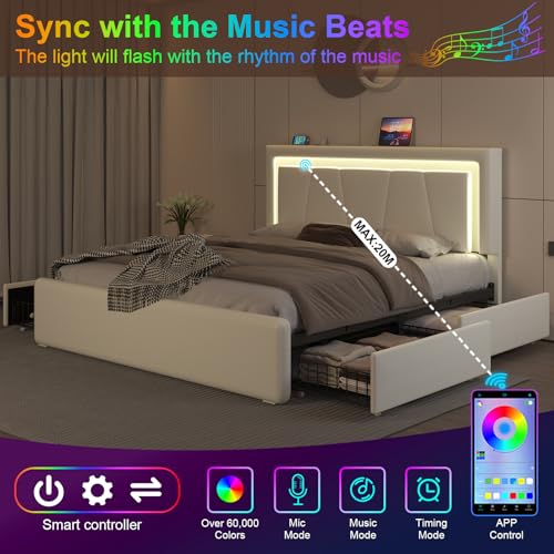 Queen Size Bed Frame with 4 Storage Drawers, LED Light, White Upholstered