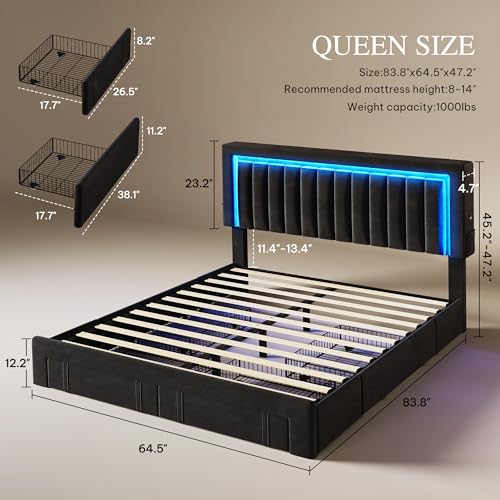 Queen Size Bed Frame with Adjustable Headboard, Black