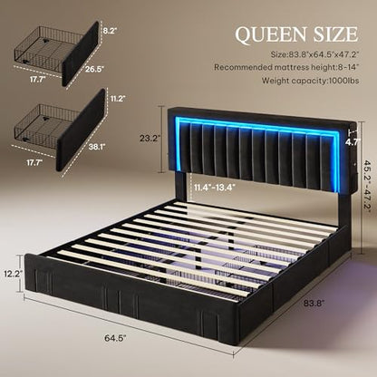 Queen Size Bed Frame with Adjustable Headboard, Black