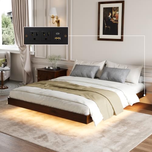 Floating Solid Wood Queen Bed Frame with Motion Sensor LED Light & Charging Station, Heavy Duty Platform Bed Frame, Noise-Free, No Box Spring Needed, Walnut Finish