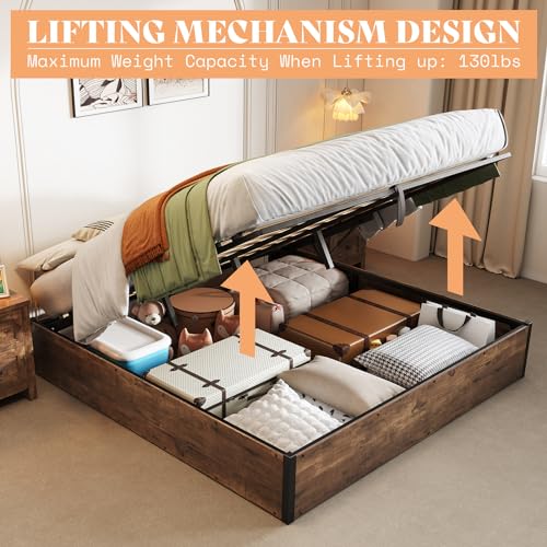 King Lift Up Storage Bed Frame, Rustic Brown