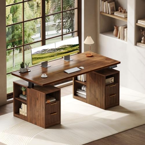 OffiGo Fluted 55 Inch Electric Standing Desk with 2 Storage Cabinet, Walnut