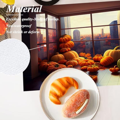 Shrahala Happy Thanksgiving Day Set of 8 12 X 18 Inch Linen Placemats, Pumpkins Floor-to-Ceiling Windows Harvest Burlap Table Mat Washable Double Layered Heat Insulation for Indoor