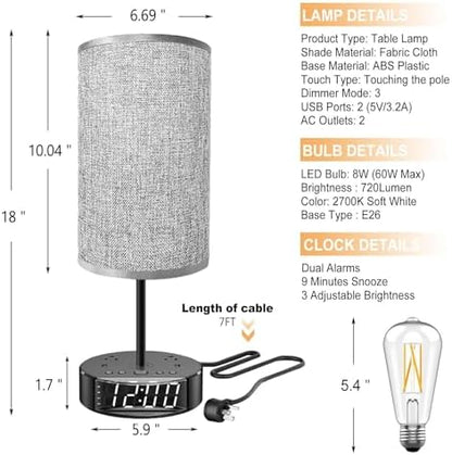 Touch Control Nightstand Light Bedside Table Lamp with USB C Charging Ports Alarm Clock 3 Way Dimmable Lamp for Bedroom Living Room Home（Gray） Thanksgiving Gifts