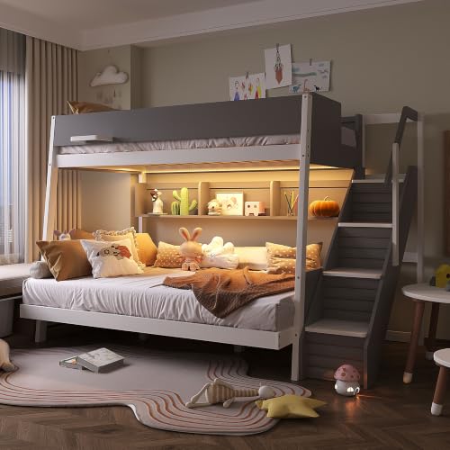 JIVOIT Twin Over Full Bunk Bed with Striped-Design Staircase, Side Shelves