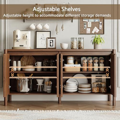 59" Walnut Sideboard Buffet Cabinet with Solid Wood Legs