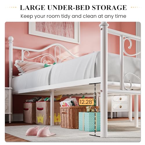 Full Size Metal Bed Frame with Butterfly Headboard, White