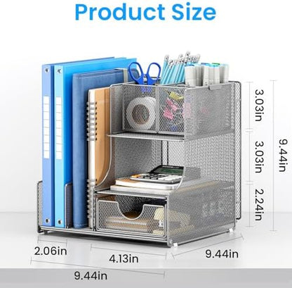Lavatino Desk Organizer – 4-in-1 Silver Mesh Office Supplies Organizer with Pen Holder, File Holder, Desktop Tray, and Drawer for Home, Office, Classroom