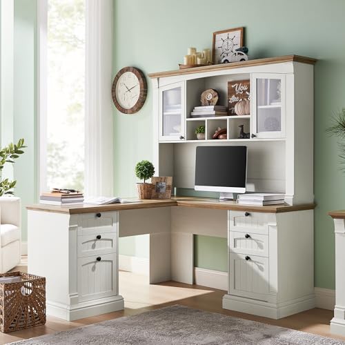 60" L Shaped Farmhouse Executive Desk with Hutch, Antique White