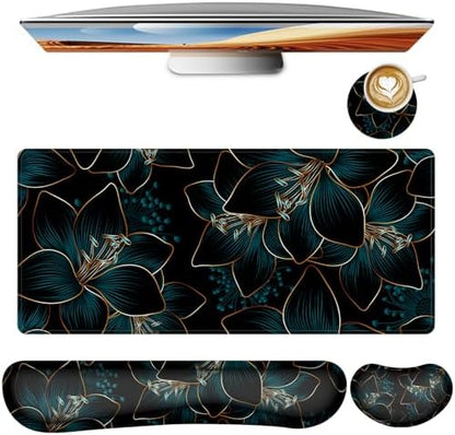 Keyboard Mouse Pad Set,Large Gaming Mouse Pad+Keyboard Wrist Rest+Wrist Rest+Coaster,Computer Desk pad Set Wrist Support for Office Desktop Laptop. (35.4" x 15.7") Extended Desk Mat (Floral)