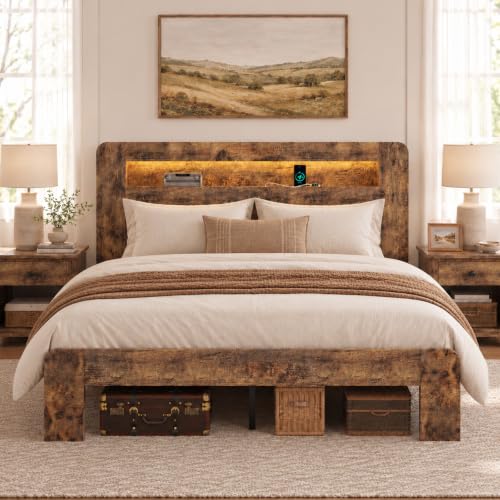 Farmhouse Queen Bed Frame, Storage Headboard with LED Charging, Brown