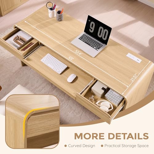 63" Modern Computer Desk with 2 Drawers, Wood Curved (Natural)