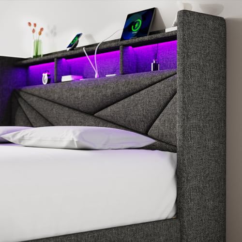 King Size Bed Frame with 4 Storage Drawers and LED Headboard