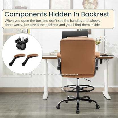 Drafting Chair 500Lbs, Tall Office Chair for Standing Desk, High PU Leather Executive Office Chair with Flip-up Armrests, Ergonomic High Chair with Adjustable Foot Ring, Comfy Stool Chairs, Brown