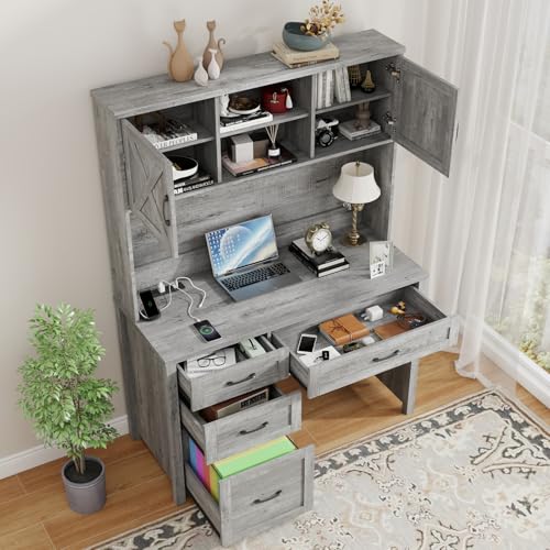 Farmhouse 67" H Executive Desk with Hutch & Drawers, Grey