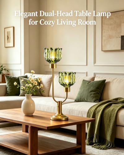 Flower Table Lamp for Bedroom Dimmable Vintage Green Glass Lamp