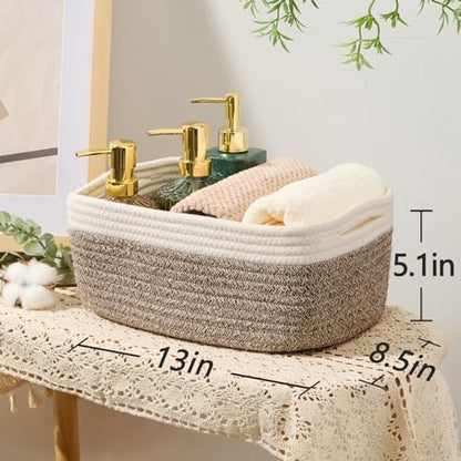 MiniArk Small Storage Baskets for Organizing | Closet Organizer Bins | Shelf Toy Basket | Woven Rope Baskets | Cube Decorative Box | Shallow Basket | 13x8.5x5.1” | 4 Packs White Brown