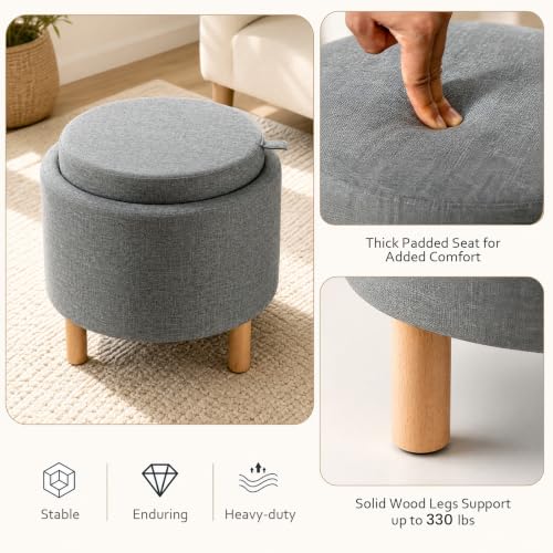 Round Storage Ottoman with Tray, Accent Storage Footstool, Gray