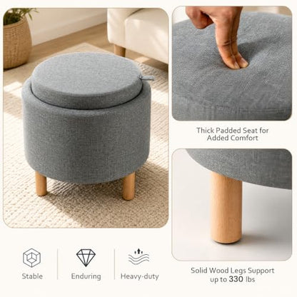Round Storage Ottoman with Tray, Accent Storage Footstool, Gray