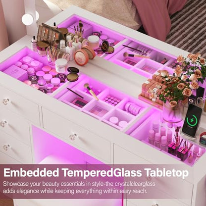 45" Large White Vanity Desk with Vibrant RGB Lighting.