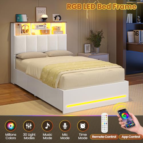 Twin Size Bed Frame with Storage Headboard & 4 Drawers, LED Lights, White
