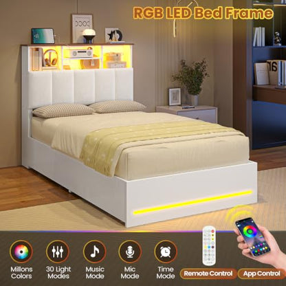 Twin Size Bed Frame with Storage Headboard & 4 Drawers, LED Lights, White