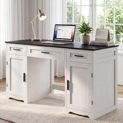 Farmhouse Executive Desk with Drawers, Wood Home Office Desk, Black