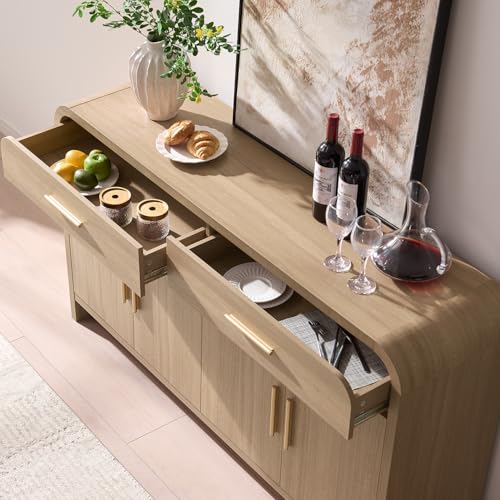 59" Sideboard Buffet Cabinet with Storage, 4 Doors Cabinet Natural Oak